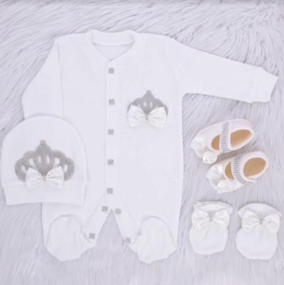 𝗟𝘂𝘅𝘂𝗿𝘆 𝗡𝗲𝘄𝗯𝗼𝗿𝗻 christening 4-Piece set (white  bow,  silver crown )