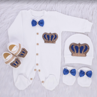 Luxury 5-Piece Velvet Baby boy Hospital Exit Outfit ( Royal blue bow + golden Crown)