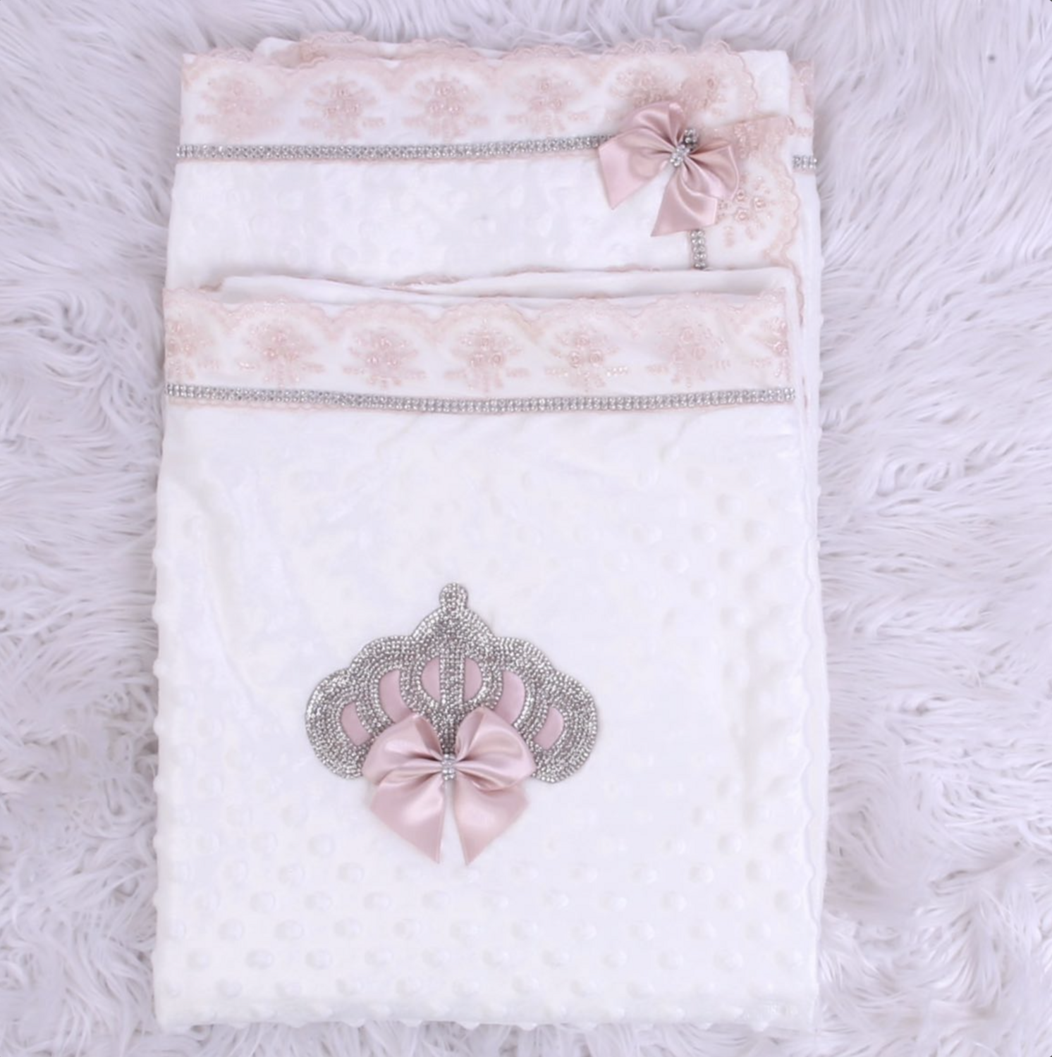 White Velvet Receiving Blanket (blush pink &amp; silver crown)