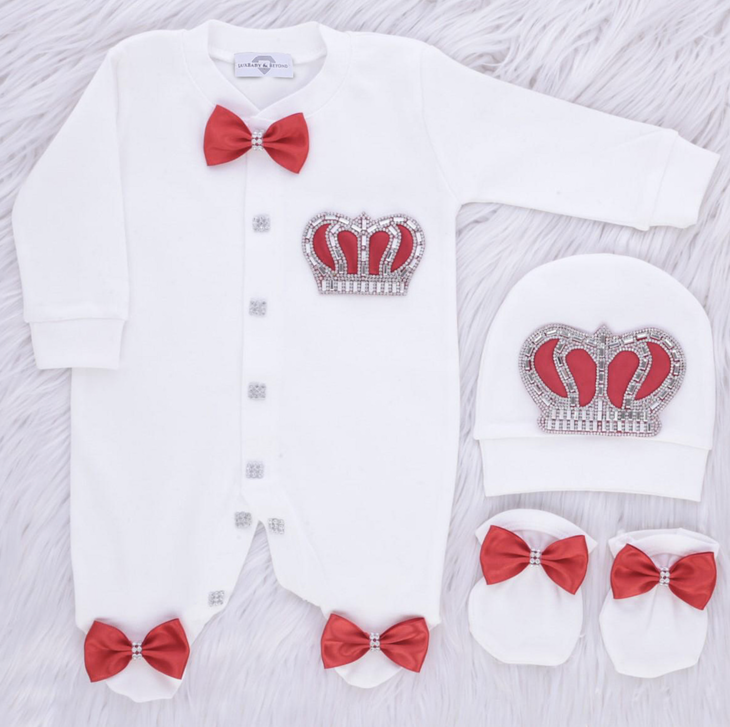 𝗟𝘂𝘅𝘂𝗿𝘆 𝗡𝗲𝘄𝗯𝗼𝗿𝗻 Home Welcoming 3-Piece set ( red silk bow, silver crown)