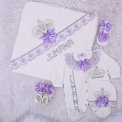 Luxury 5-Piece Baby Girl Hospital Exit Outfit (Lilac Lace &amp; bow, Pearl + Silver Crown)