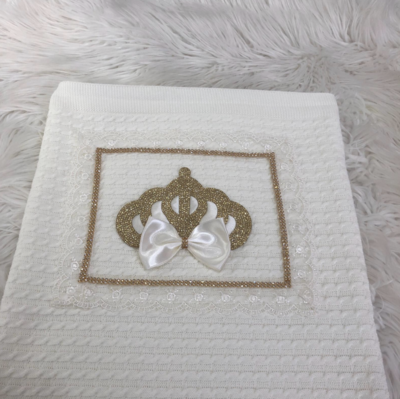 White Receiving Blanket (white bow &amp; golden crown)