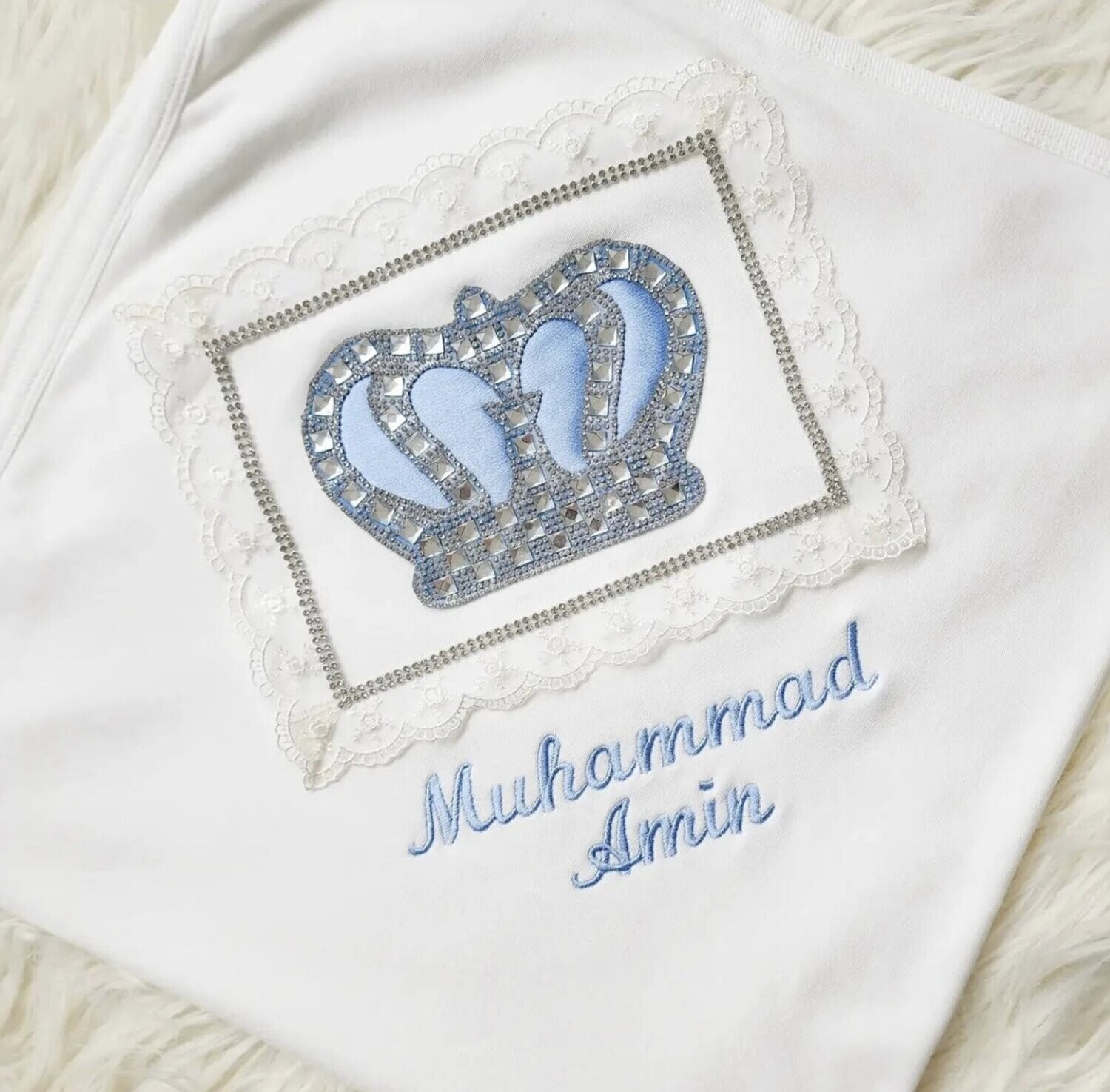White Receiving Blanket (light blue &amp; silver crown)