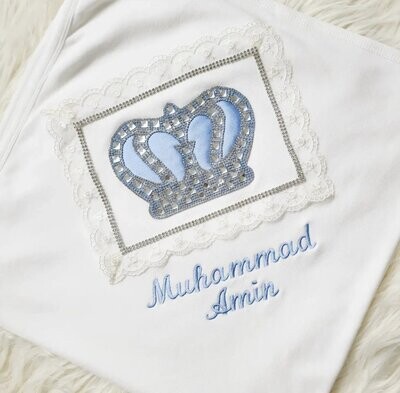 White Receiving Blanket (light blue &amp; silver crown)