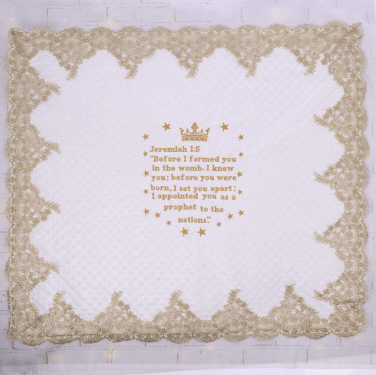 White Receiving Blanket (golden lace)