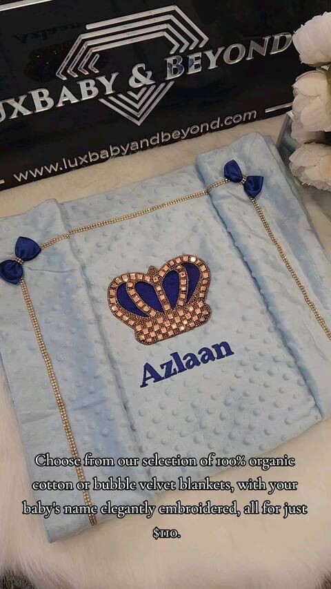 Personalised Bubble Velvet Blanket ( Golden crown &amp; Royal blue bow )