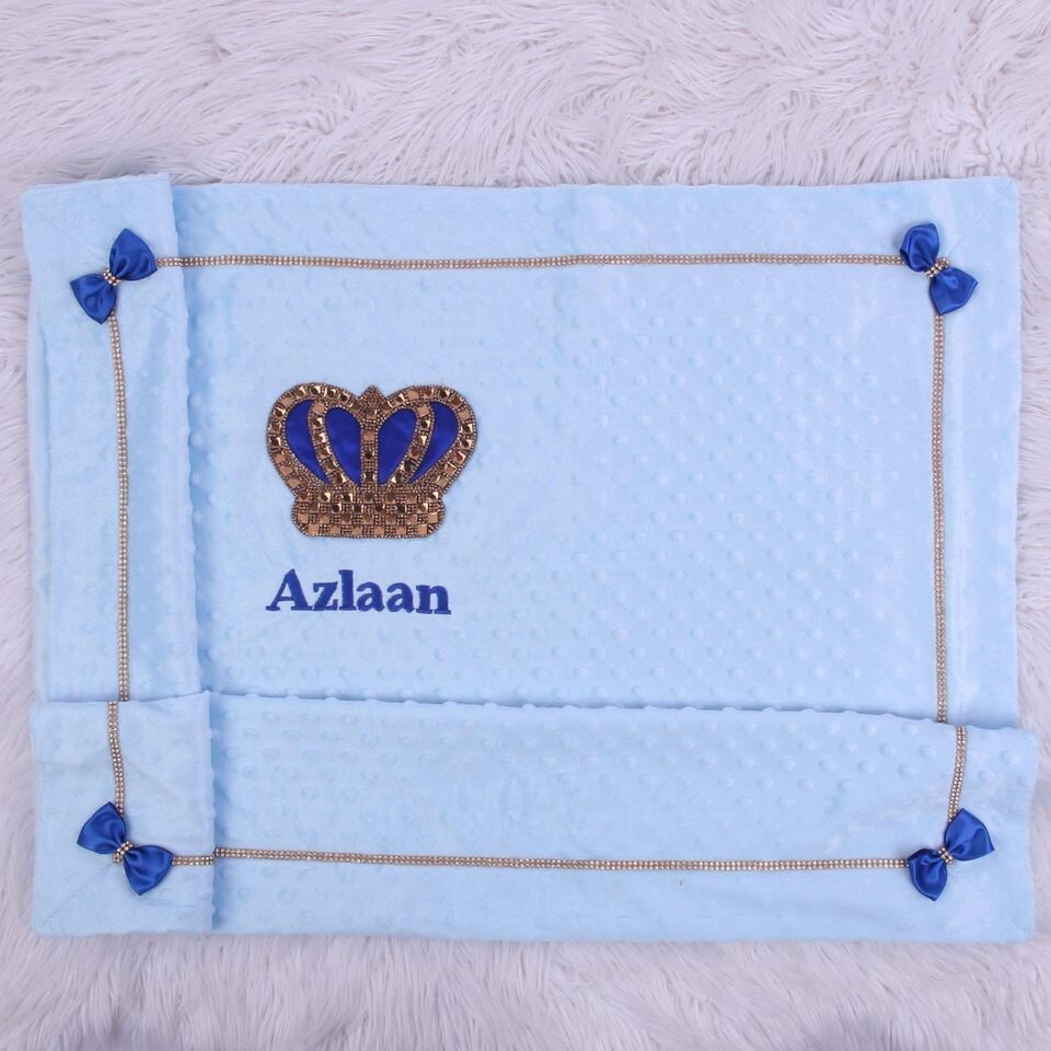 Personalised Bubble Velvet Blanket ( Golden crown &amp; Royal blue bow )