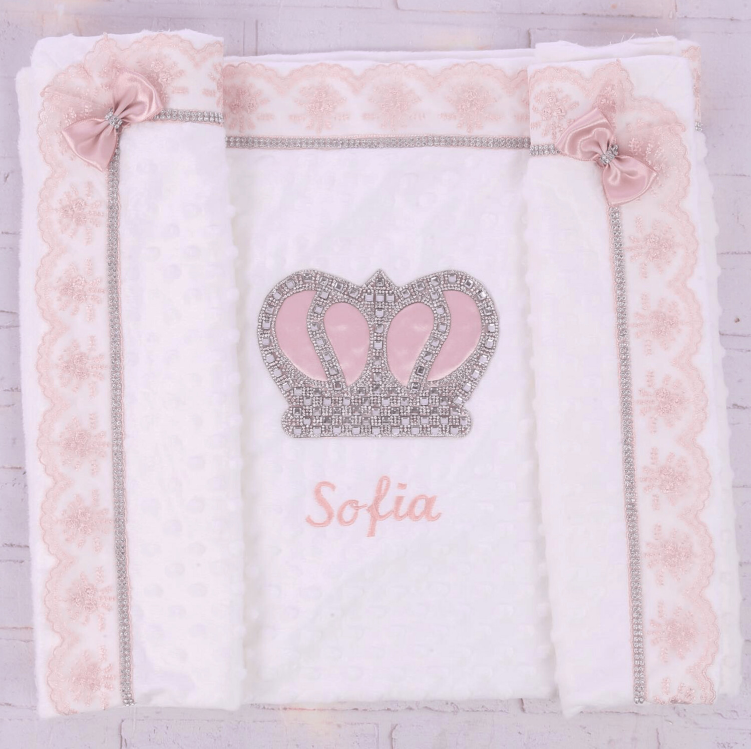 Personalised Receiving Blanket (baby pink &amp; silver crown, pink lace)