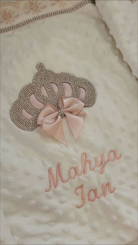 White Velvet Receiving Blanket (blush pink &amp; silver crown)