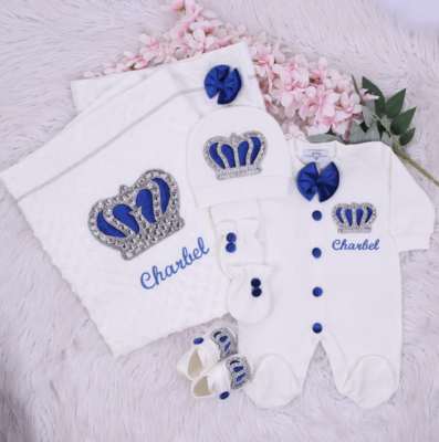 Luxury 5-Piece Baby boy Hospital Exit Outfit ( Royal blue velvet bow + Silver Crown)
