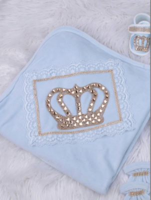 Luxury Newborn Receiving Blanket (light blue &amp; golden crown)