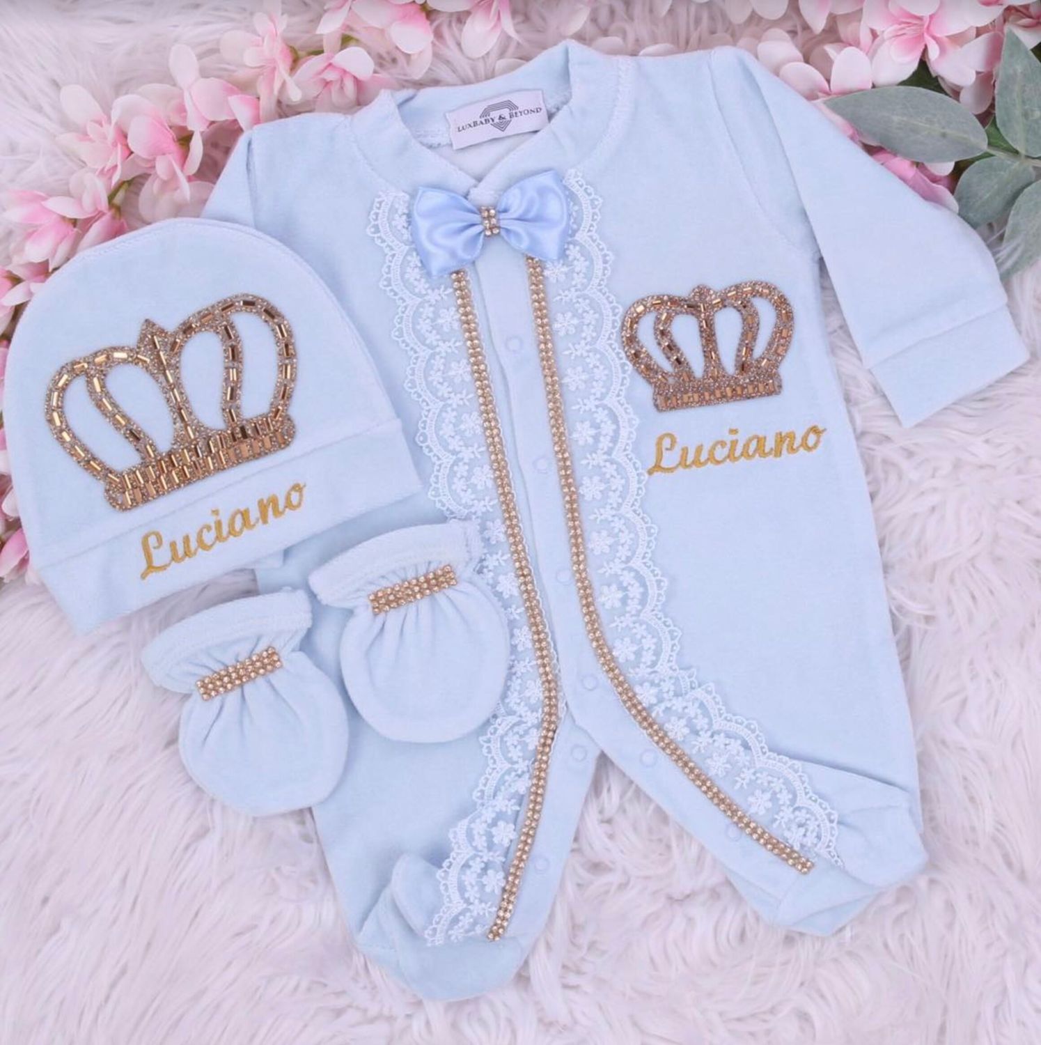 Luxury 5-Piece Baby boy Hospital Exit Outfit ( light blue velvet bow + golden Crown)