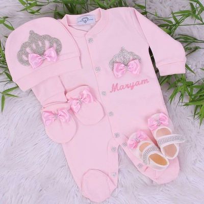 Luxury 4-Piece Baby Girl Hospital Exit Outfit ( Pink + Silver Crown)