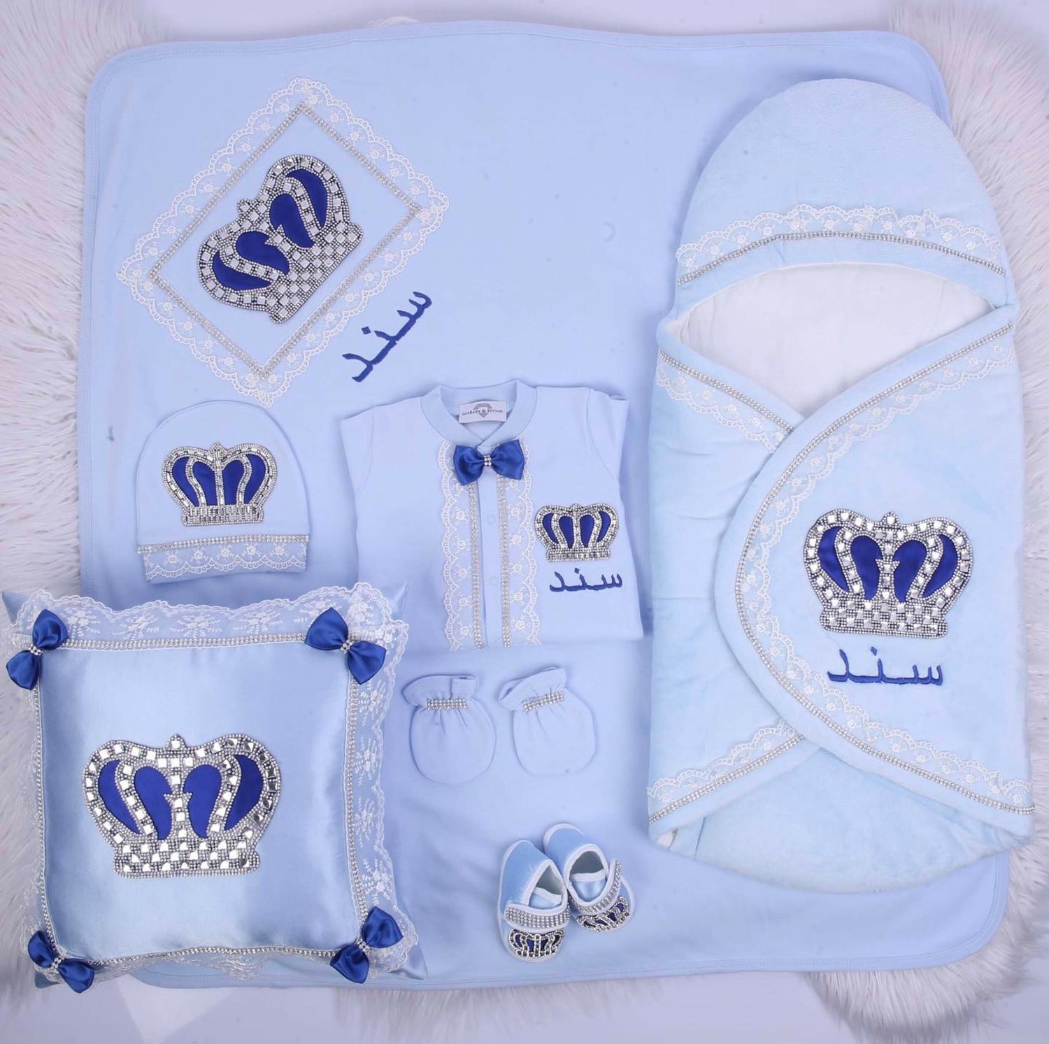 Luxury 7-Piece Baby boy Hospital Exit Outfit ( Royal blue bow + Silver Crown)