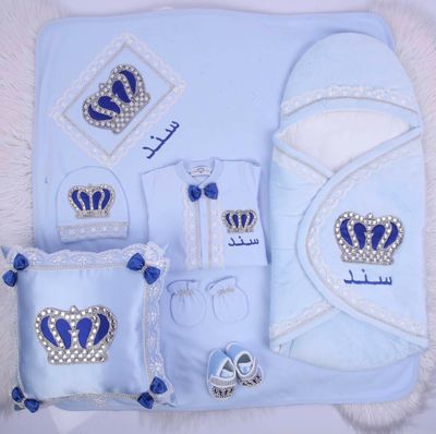 Luxury 7-Piece Baby boy Hospital Exit Outfit ( Royal blue bow + Silver Crown)