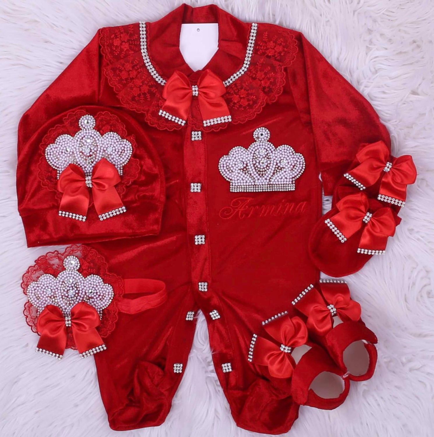 Handmade RED LUXE Velvet 𝗡𝗲𝘄𝗯𝗼𝗿𝗻 Home Welcoming 5-Piece set
