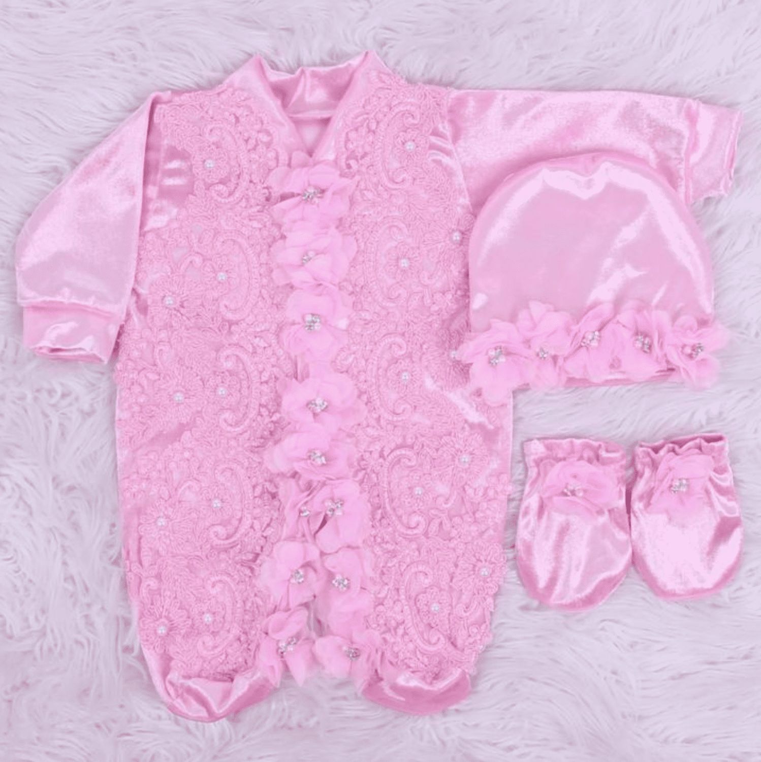 Handmade Pink LUXE Velvet 𝗡𝗲𝘄𝗯𝗼𝗿𝗻 Home Welcoming 3-Piece set