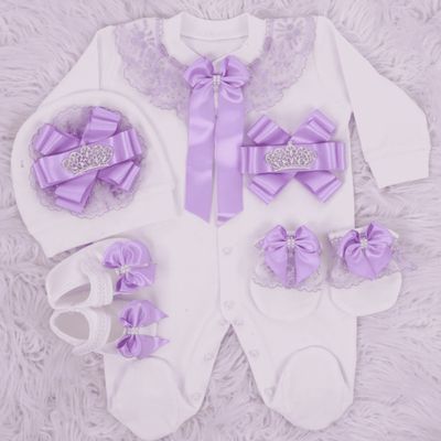 Handmade white and lilac Velvet 𝗡𝗲𝘄𝗯𝗼𝗿𝗻 Home Welcoming 4-Piece set