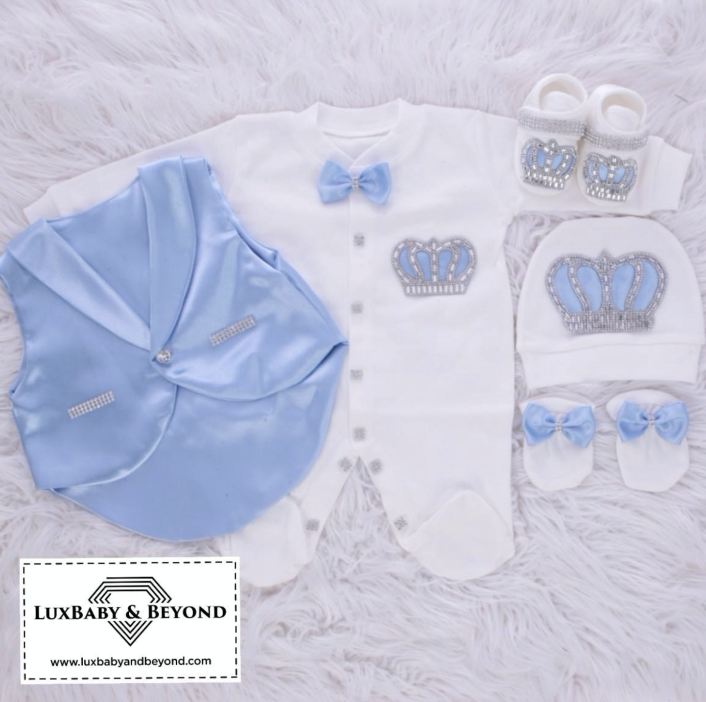 Luxury 6-Piece Baby boy Hospital Exit Outfit Silver Crown  ( Light Blue )