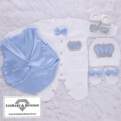 Luxury 6-Piece Baby boy Hospital Exit Outfit Silver Crown  ( Light Blue )