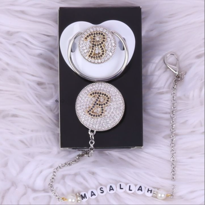 Handmade Personalised Rhinestone Baby Pacifier and Clip ( White)