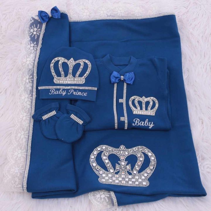 Luxury 5-Piece Blue Baby Boy Hospital Exit Outfit (Royal blue bow + silver Crown)
