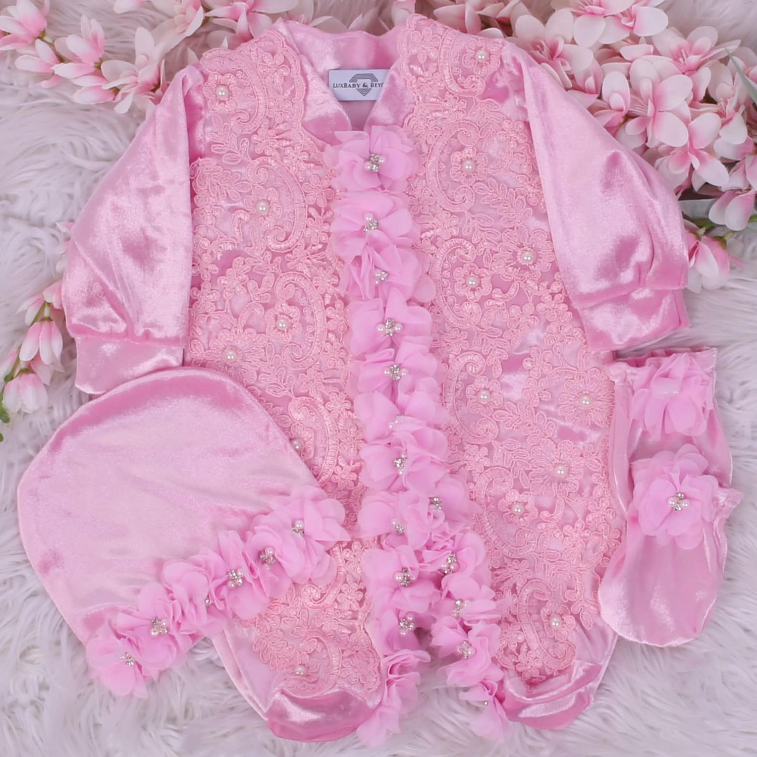 Handmade Pink LUXE Velvet 𝗡𝗲𝘄𝗯𝗼𝗿𝗻 Home Welcoming 3-Piece set