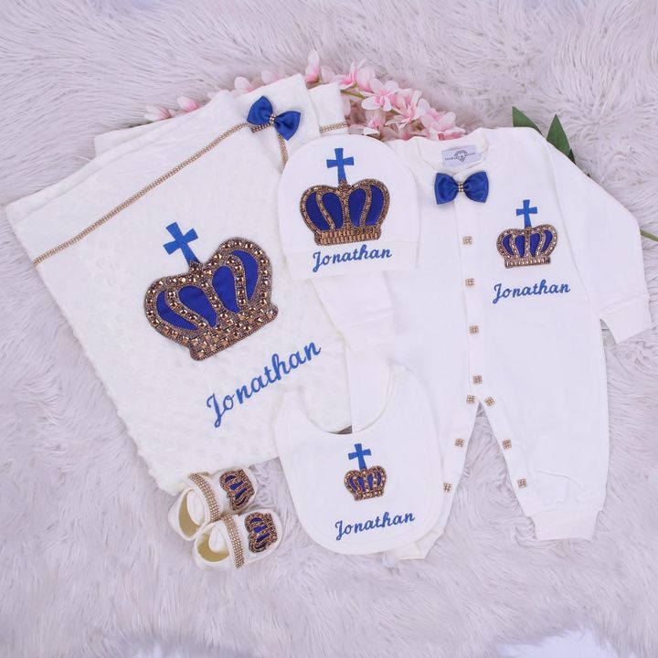 Luxury 5-Piece Baby boy Hospital Exit Outfit ( Royal Blue bow + golden Crown with cross)