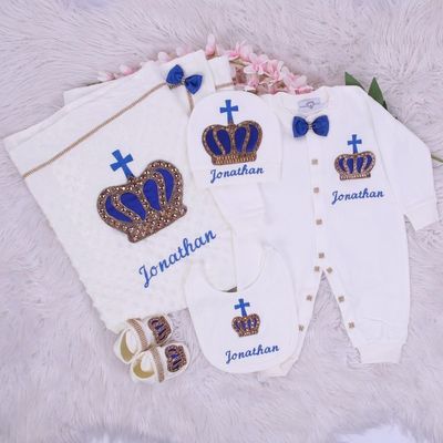 Luxury 5-Piece Baby boy Hospital Exit Outfit ( Royal Blue bow + golden Crown with cross)