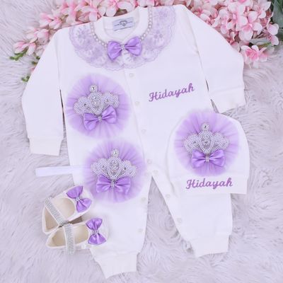Newborn home welcoming 5 piece Set (White &amp; lilac)