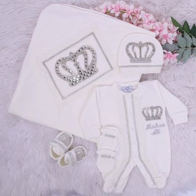 Luxury 5-Piece Baby Christening/Baptism/Unisex Outfit (White/Silver Crown)