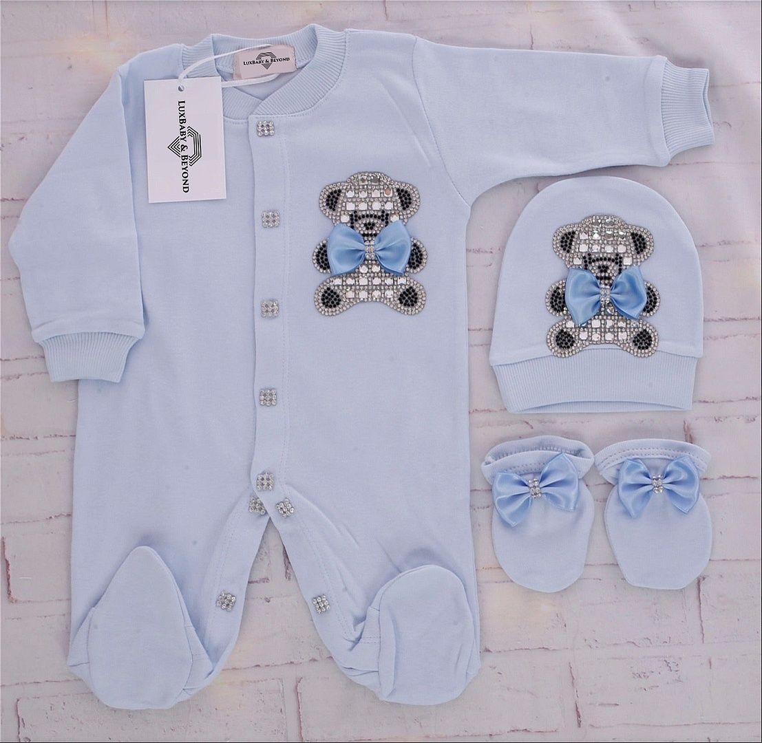 Exclusive Royal 3Piece Baby boy Hospital Exit Bling Outfit  (light blue satin bow / Silver bear)
