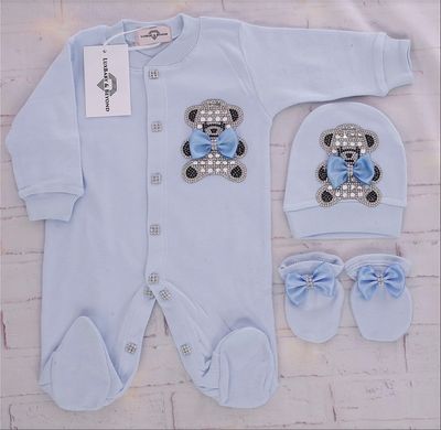 Exclusive Royal 3Piece Baby boy Hospital Exit Bling Outfit  (light blue satin bow / Silver bear)