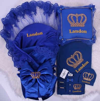 Luxury 6-Piece Baby boy Hospital Exit Outfit ( Royal blue + Golden Crown)