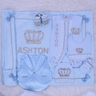 Luxury 7-Piece Baby boy Hospital Exit Outfit ( light blue + Silver Crown)