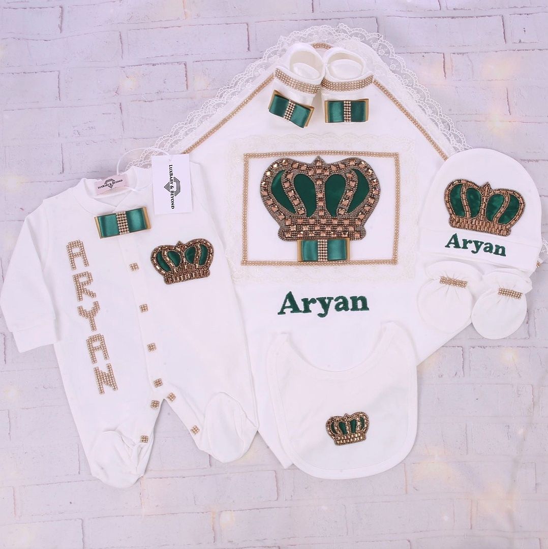 Luxury 6-Piece Velvet Baby boy Hospital Exit Outfit ( Green bow + Golden Crown)