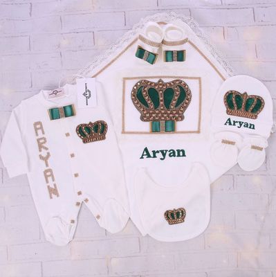 Luxury 6-Piece Velvet Baby boy Hospital Exit Outfit ( Green bow + Golden Crown)