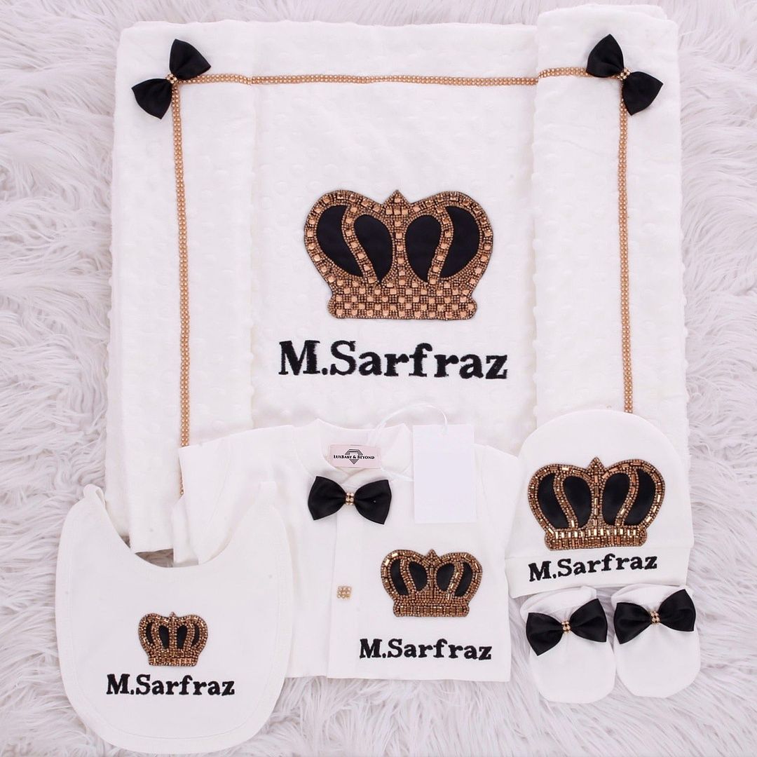 Luxury 5-Piece Baby boy Hospital Exit Outfit ( black bow + Golden Crown)