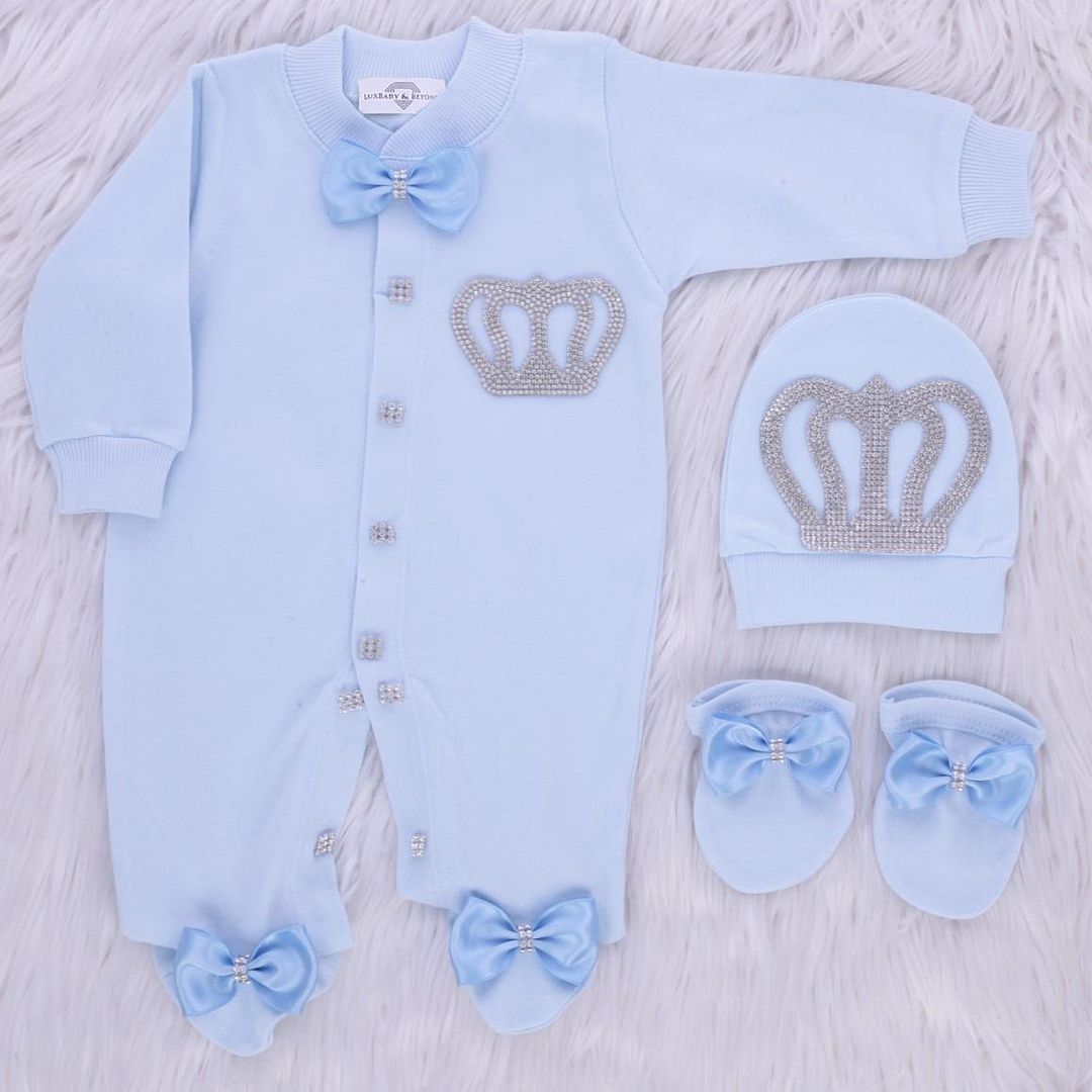 Exclusive Royal 3Piece Baby boy Hospital Exit Bling Outfit  (light blue satin bow / Silver Crown)