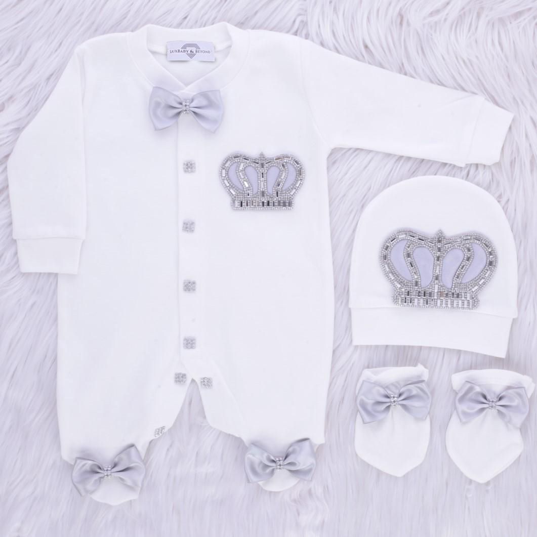 Exclusive Royal 3Piece Baby boy Hospital Exit Bling Outfit  (Grey satin bow / Silver Crown)