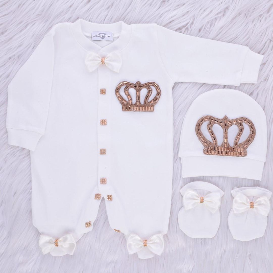Exclusive Royal 3Piece Baby boy Hospital Exit Bling Outfit  (White satin bow / golden Crown)