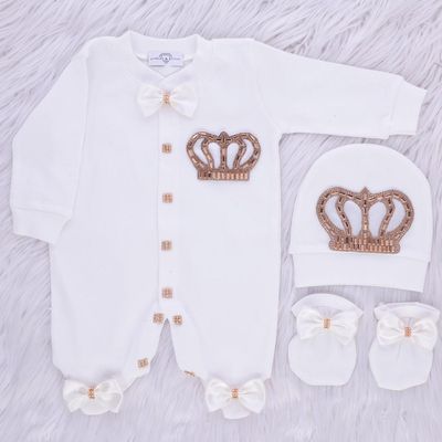 Exclusive Royal 3Piece Baby boy Hospital Exit Bling Outfit  (White satin bow / golden Crown)