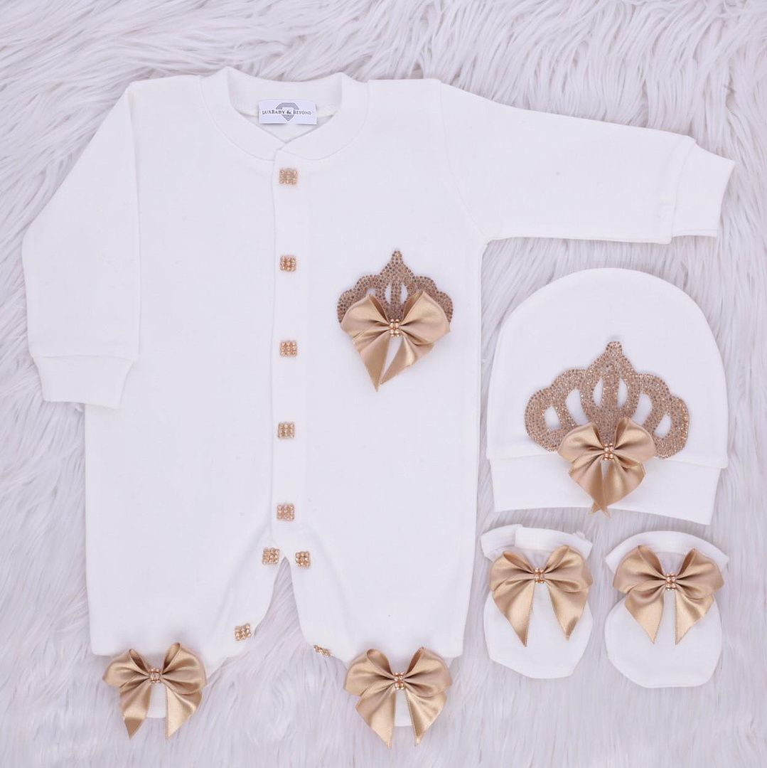 Exclusive Royal 3Piece Baby Hospital Exit Bling Outfit  (golden satin bow / golden Crown)