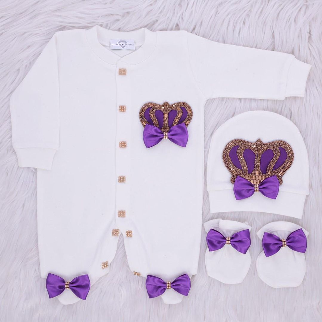 Exclusive Royal 3Piece Baby Hospital Exit Bling Outfit  (purple satin bow / golden Crown)