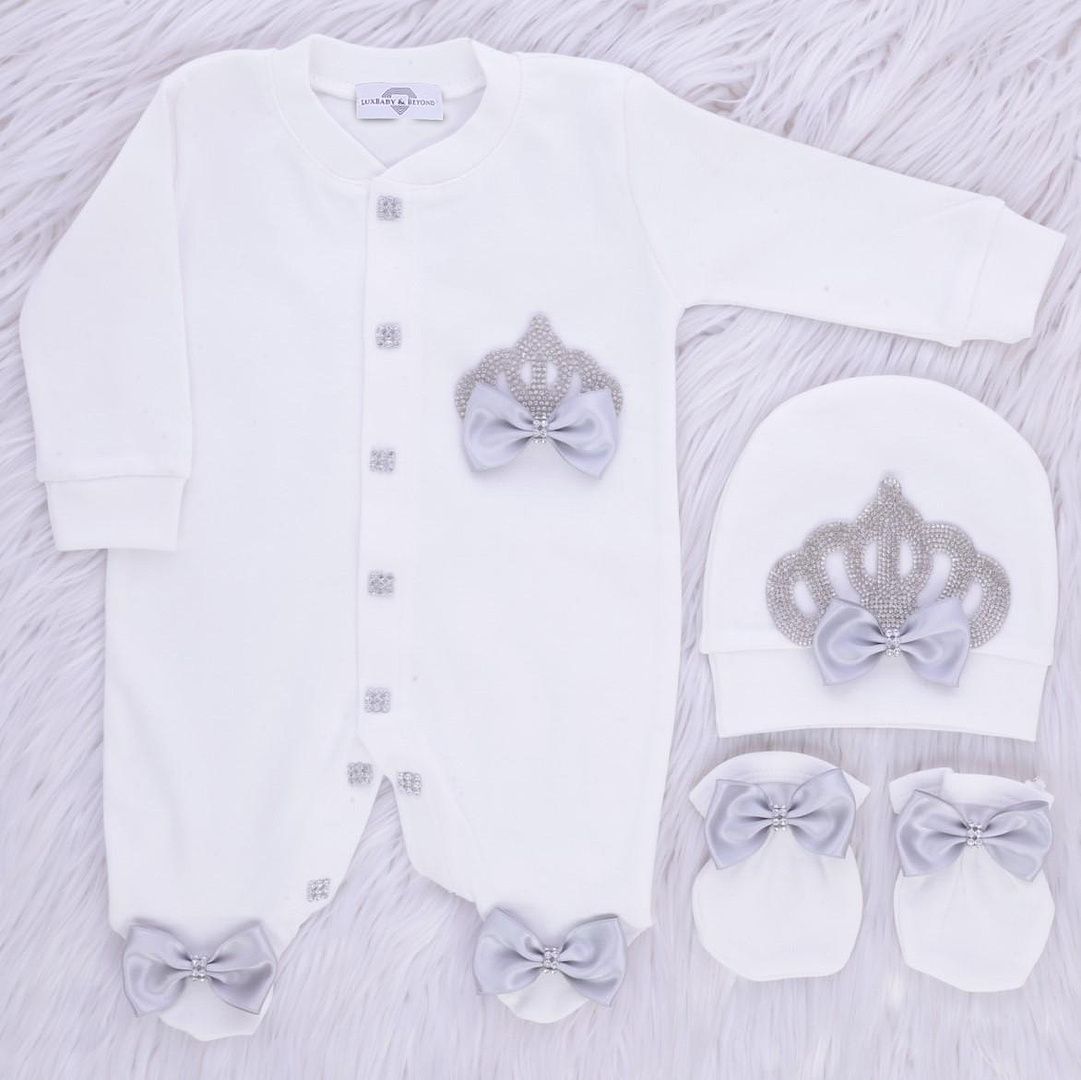 Exclusive Royal 3Piece Baby Hospital Exit Bling Outfit  (grey satin bow / silver Crown)