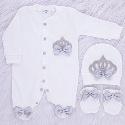 Exclusive Royal 3Piece Baby Hospital Exit Bling Outfit  (grey satin bow / silver Crown)