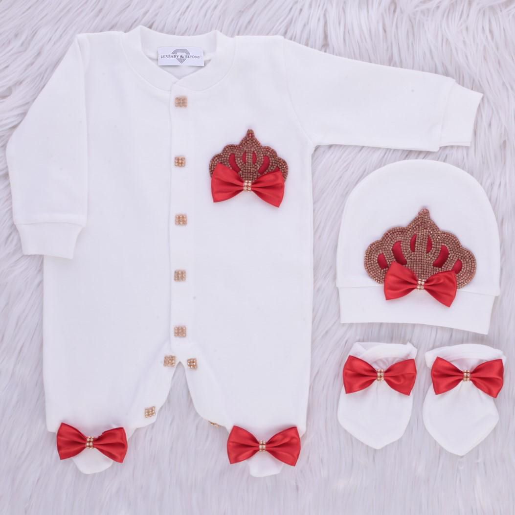 Exclusive Royal 3Piece Baby Hospital Exit Bling Outfit  (red satin bow / Golden Crown)