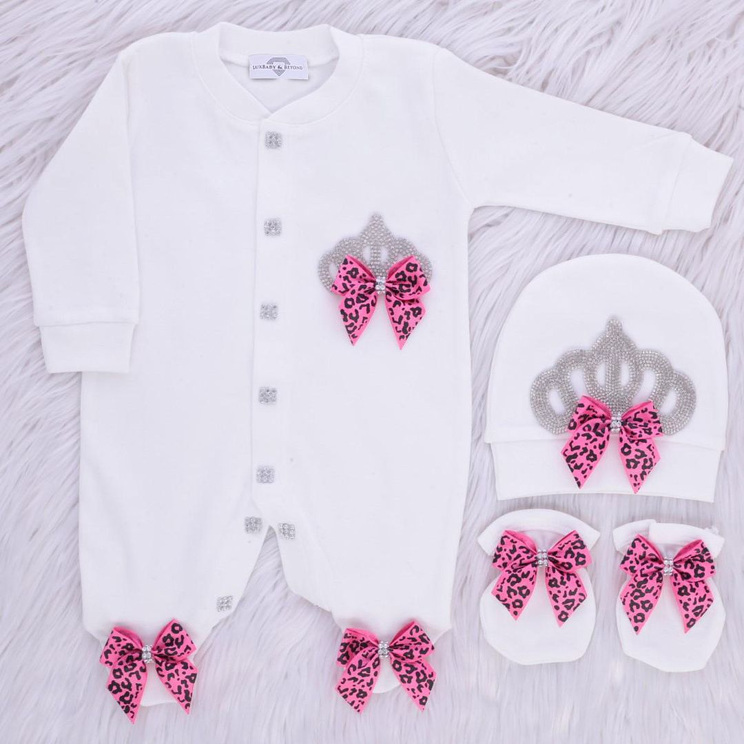 Exclusive Royal 3Piece Baby Hospital Exit Bling Outfit  (hot pink, black bow / Silver Crown)