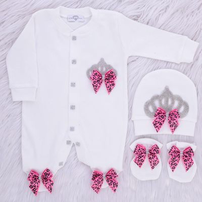 Exclusive Royal 3Piece Baby Hospital Exit Bling Outfit  (hot pink, black bow / Silver Crown)