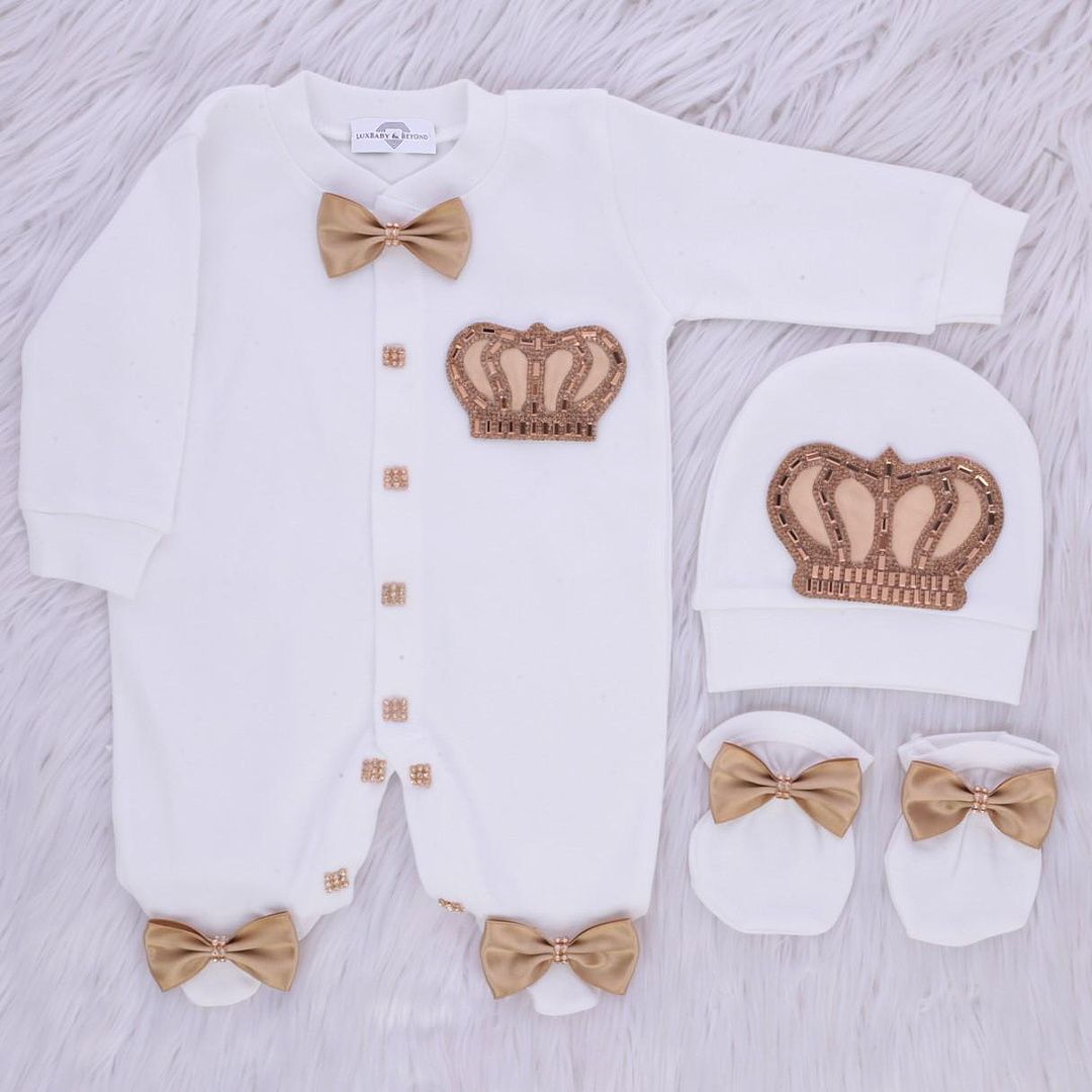 Exclusive Royal 3Piece Baby Hospital Exit Bling Outfit  (red satin bow / Golden Crown)